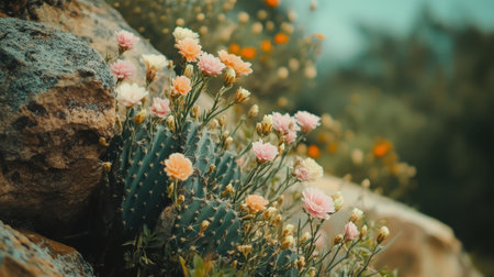 A cactus in bloom, with delicate pink and white flowers standing out against the prickly green surface, capturing nature beauty.の素材