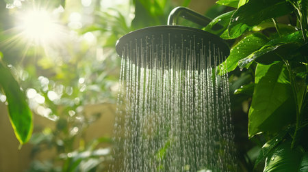 A shower head releasing water in steady streams, creating a clean and refreshing scene, ideal for hygiene or wellness concepts.の素材