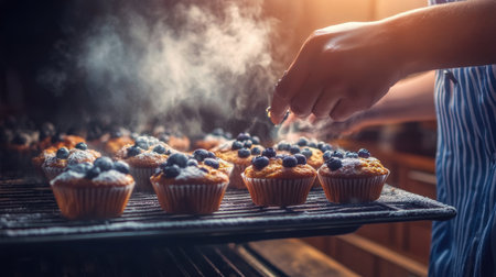 A baker removing hot blueberry muffins from the oven, steam rising, capturing the warmth and freshness of homemade baked goods.の素材