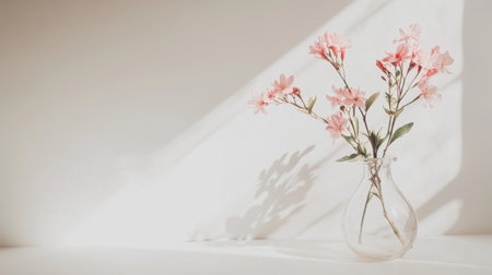 A small vase holding pink flowers, isolated on a white background with natural sunlight, offering a fresh and minimal floral arrangement.の素材