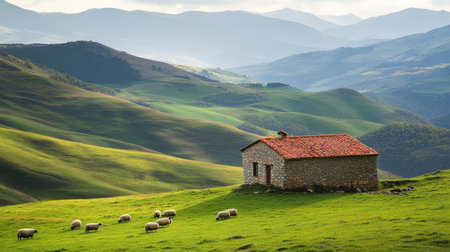 A small house on a hill with sheep grazing around, framed by scenic mountains in the distance, evoking rural tranquilityの素材