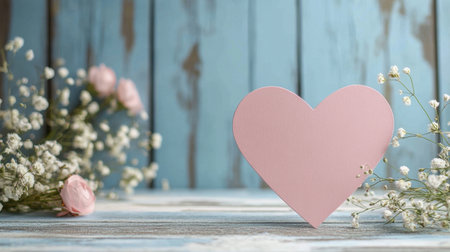 A soft and romantic scene with a pink heart paper card and floral decorations, creating an elegant love-themed visual.の素材