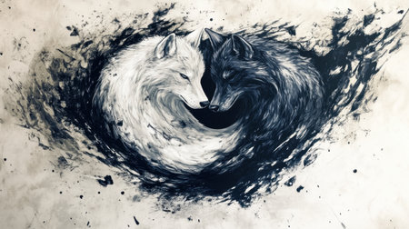 A captivating illustration featuring two wolves in black and white, symbolizing duality and balance. The artwork showcases emotion through texture and design.の素材