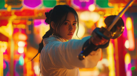 A fierce female warrior brandishes her sword against a backdrop of vibrant festival lights, capturing the essence of determination and cultural heritage.の素材
