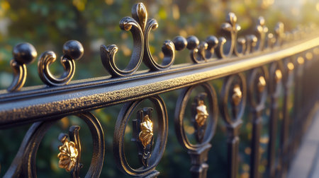 A close-up view of an elegant metal fence featuring intricate designs and golden accents, beautifully illuminated by sunlight, enhancing the outdoor setting.の素材