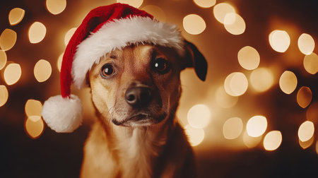 A charming dog wearing a Santa hat, set against a beautiful blurred background of festive lights. Perfect for holiday themes and pet lovers.の素材