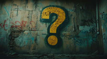 A vibrant yellow question mark painted on a weathered urban wall, surrounded by rich textures. This image evokes mystery and curiosity, perfect for creative projects.の素材