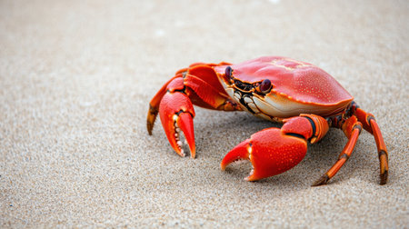 A red crab explores the sandy beach in a detailed close-up shot, highlighting its unique coastal environmentの素材