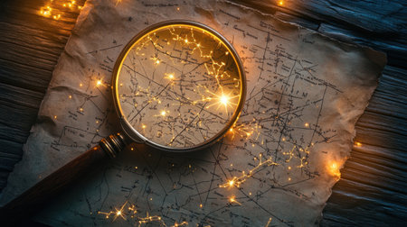 A magnifying glass over an old treasure map, uncovering hidden constellations that glow against the aged paper, merging celestial and pirate themes.の素材