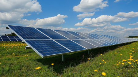 A solar-powered agricultural field, where solar panels and crops coexist for efficient land use and green energy generation.の素材