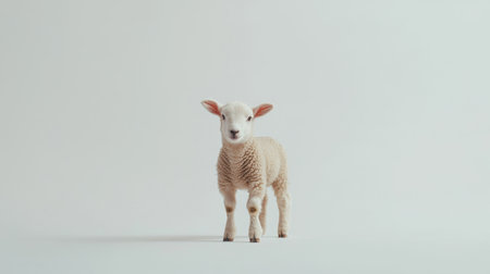 A fluffy light brown lamb standing alone on a white studio background, showcasing its cuteness in a simple and elegant settingの素材