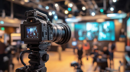 A modern video camera records an interview in a TV studio, capturing the bustling energy of mass media and television.の素材