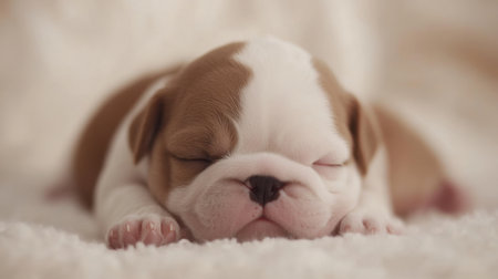 Adorable newborn bulldog puppy sleeps peacefully at home, showcasing the irresistible charm of pets.の素材