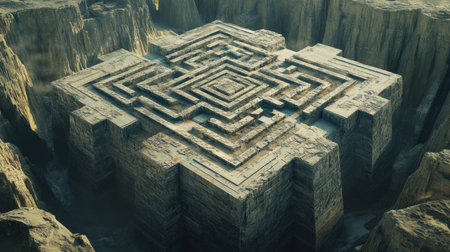 Aerial shot of a maze made of stone, showcasing its mysterious and complex design, with a bird-eye view of its pathways.の素材