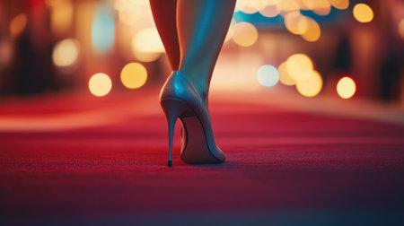 A woman feet in luxury high heels walking gracefully on a red carpet, capturing the sophistication of a glamorous event.の素材