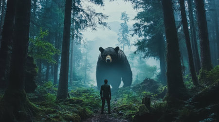 A serene forest scene featuring a giant bear towering over a person. This captivating image captures the awe of wildlife and nature's beauty.の素材