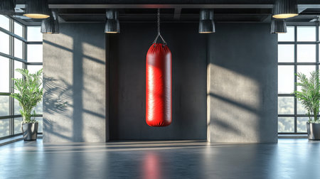 Fitness studio showcasing a red punching bag, ideal for kickboxing and martial arts practice, with sleek surroundings. -の素材