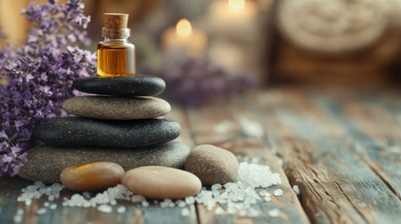 Luxurious spa treatment set with massage stones, essential oils, and sea salt on a wooden table, offering a tranquil and rejuvenating experience for wellness. -の素材