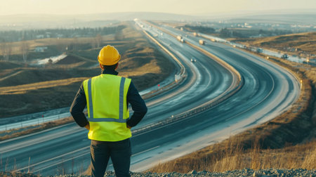 Civil engineer inspects road construction work on an expressway, ensuring safe infrastructure development and efficient project supervision.の素材