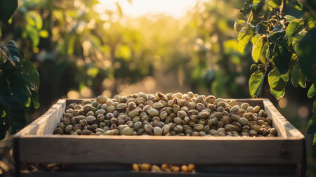 Harvested pistachios overflowing from a wooden box in a plantation, bathed in the golden light of sunset, highlighting natural organic abundanceの素材