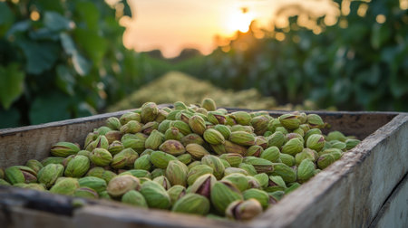 Pistachio harvest in a wooden box at sunset, with a plantation as the backdrop, emphasizing agriculture, health, and organic foodの素材