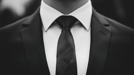 Classic black and white photo of a man suit collar and tie, showcasing formal attire with a timeless, elegant appeal.の素材