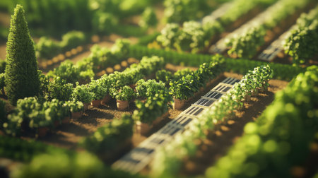 Solar panels and crops sharing land in a sustainable farming system, blending green technology with agricultural efficiency.の素材