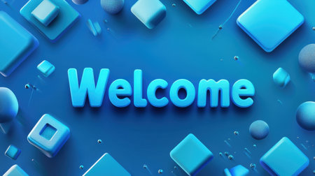 A futuristic blue banner with square shapes and bold "Welcome" text, designed for web or social media, offering a sleek and modern greeting.の素材