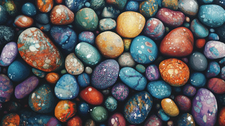 A beautiful collection of colorful underwater pebbles, viewed from above, creating a serene and natural scene.の素材