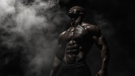 A muscular man standing in the shadows, his abs glowing under the light, with smoke creating a dramatic scene for a sports website banner.の素材