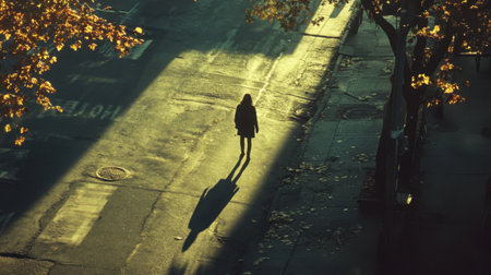 A person walking away, casting a long shadow on the urban street, symbolizing the hustle and solitude of city life.の素材