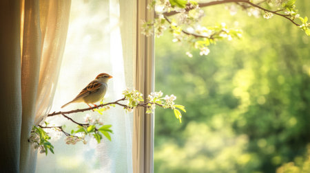 A sparrow bird sitting on a house window, with sunlight illuminating the scene, bringing a sense of calm and simplicity.の素材