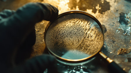A finger is seen through a magnifying glass, focusing on a unique fingerprint pattern. This image is perfect for themes of investigation, crime, and forensic analysis.の素材