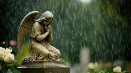 A peaceful angel statue kneels in prayer amidst a rainy cemetery, surrounded by blooming roses. The scene evokes a deep sense of tranquility and remembrance.の素材