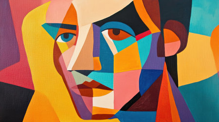 This vibrant abstract portrait features a geometric representation of a young person, combining bold colors and shapes to express creativity and emotion.の素材