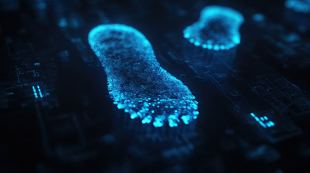 A captivating digital representation of a footprint glowing in blue, set against a cyber-themed background. This image symbolizes identity and technology's impact on security.の素材