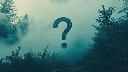 An enigmatic scene featuring thick fog enveloping a serene forest, creating an atmosphere of mystery and calm. Perfect for adventure and nature themes.の素材