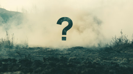 A mysterious landscape featuring smoke and a question mark, evoking feelings of uncertainty and contemplation about nature and the unknown.の素材