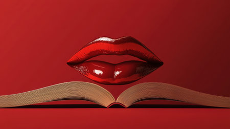 A striking visual of glossy red lips floating above an open book against a bold red background, symbolizing passion for reading and literature.の素材