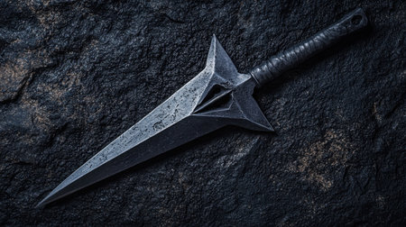A striking dark blade rests on a textured surface, showcasing intricate details and a powerful design. Ideal for themes of fantasy and historical weaponry.の素材