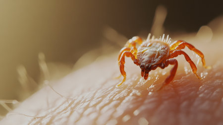 This close-up image captures a tick on human skin, showcasing the intricate details of this tiny parasite. A reminder of natureの素材