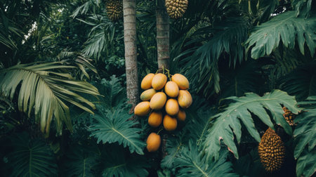A stunning display of tropical fruits, featuring a vibrant cluster of papaya amidst lush green foliage, showcasing nature's bounty in a serene setting.の素材