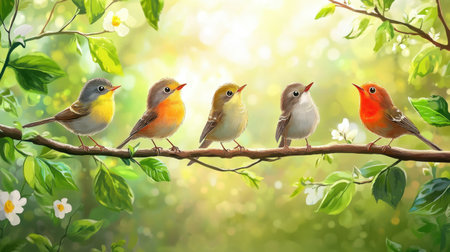 A charming scene featuring colorful birds singing on a branch, surrounded by lush greenery and soft sunlight, capturing the essence of nature and tranquility.の素材