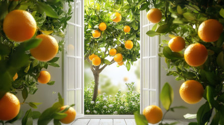 A vibrant view of a lush orange tree seen through open doors, inviting the beauty of nature inside. Fresh oranges complement a serene garden scene.の素材
