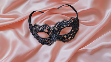 This image features an elegant black lace mask resting on soft pink fabric, embodying mystery and sophistication. Ideal for themed events and fashion projects.の素材