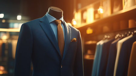 A well-tailored suit displayed on a mannequin in a stylish boutique. The setting features warm lighting and elegant decor, highlighting fashion and craftsmanship.の素材