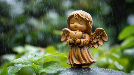 A charming angel figurine cradles a heart in a gentle rain, surrounded by lush greenery. This serene scene evokes feelings of love and tranquility.の素材