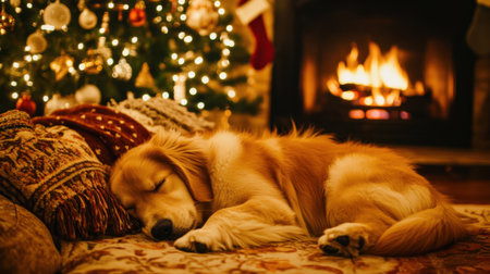 A cozy golden retriever sleeps peacefully by a beautifully decorated Christmas tree and crackling fireplace, capturing the warmth of the festive season.の素材