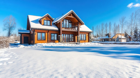 A charming wooden house sits gracefully in a snowy landscape, surrounded by trees under a bright blue sky. Perfect for winter-themed visuals.の素材