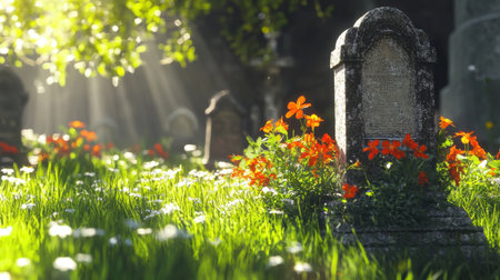 A tranquil graveyard scene featuring a weathered tombstone surrounded by vibrant flowers and soft sunlight filtering through the trees, evoking a sense of peace and remembrance.の素材